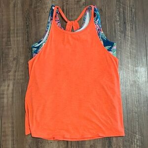 Athleta Girls Neon Orange Layered Tank with Floral Inner